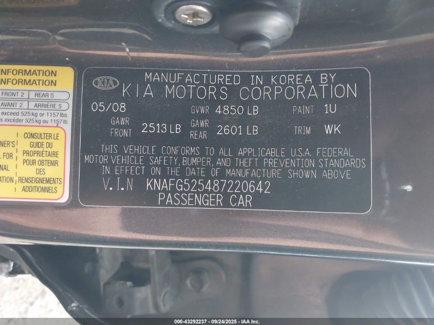 2008 Kia Rondo Lx VIN: KNAFG525487220642 Lot: 43292237