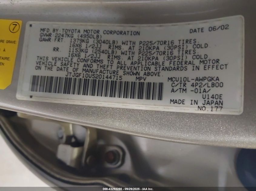 2002 Lexus Rx 300 VIN: JTJGF10U520144715 Lot: 43292266