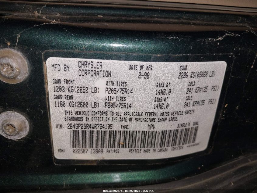 1998 Dodge Caravan VIN: 2B4GP25R4WR724105 Lot: 43292275