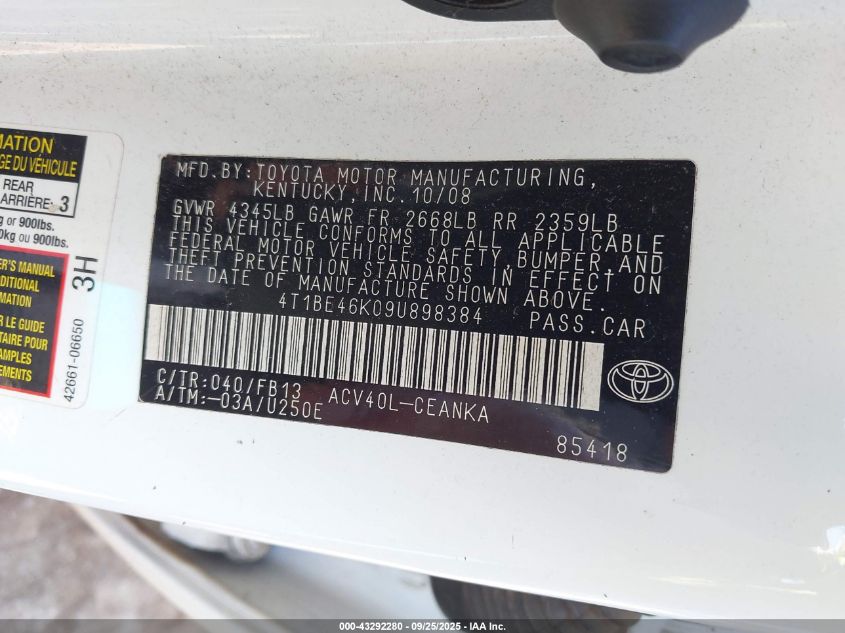 2009 Toyota Camry Le VIN: 4T1BE46K09U898384 Lot: 43292280