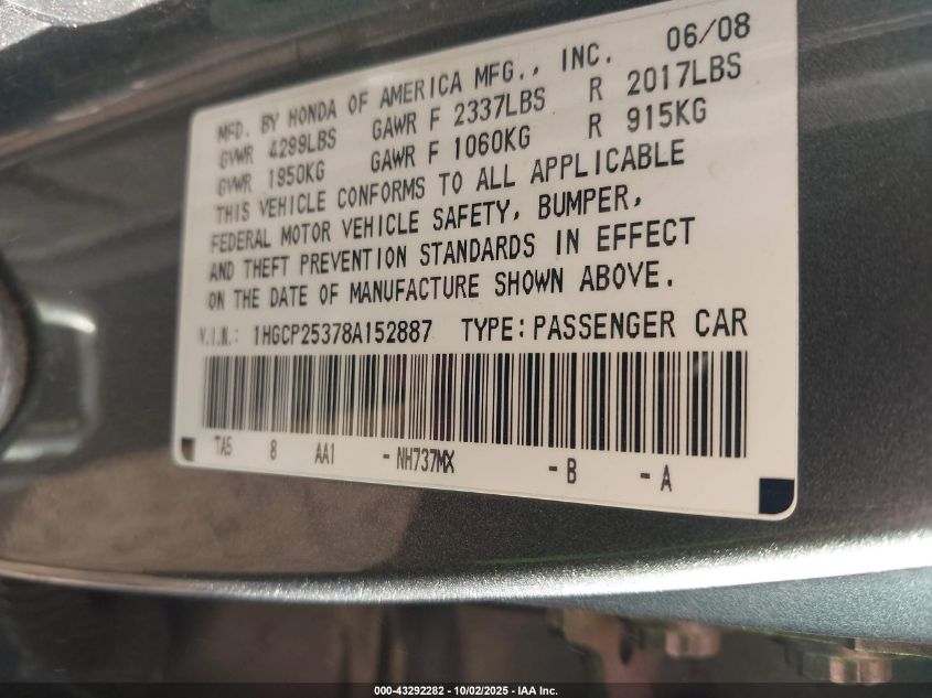 2008 Honda Accord 2.4 Lx VIN: 1HGCP25378A152887 Lot: 43292282