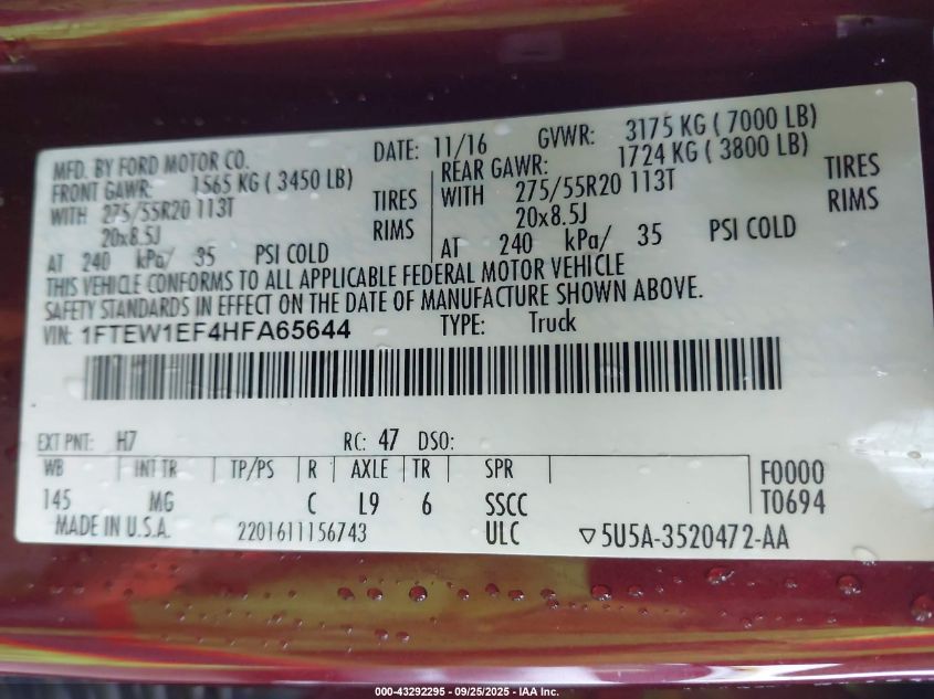 2017 Ford F-150 Xlt VIN: 1FTEW1EF4HFA65644 Lot: 43292295
