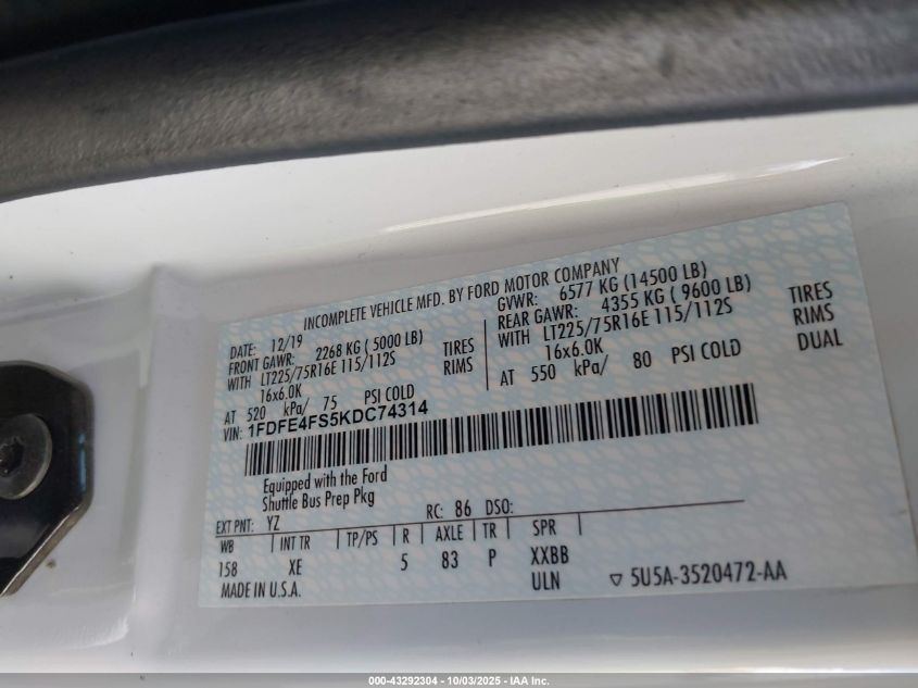 2019 Ford E-450 Cutaway VIN: 1FDFE4FS5KDC74314 Lot: 43292304