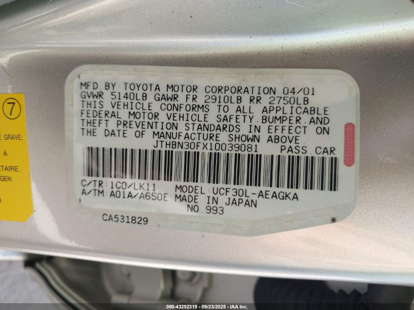 2001 Lexus Ls 430 VIN: JTHBN30FX10039081 Lot: 43292319