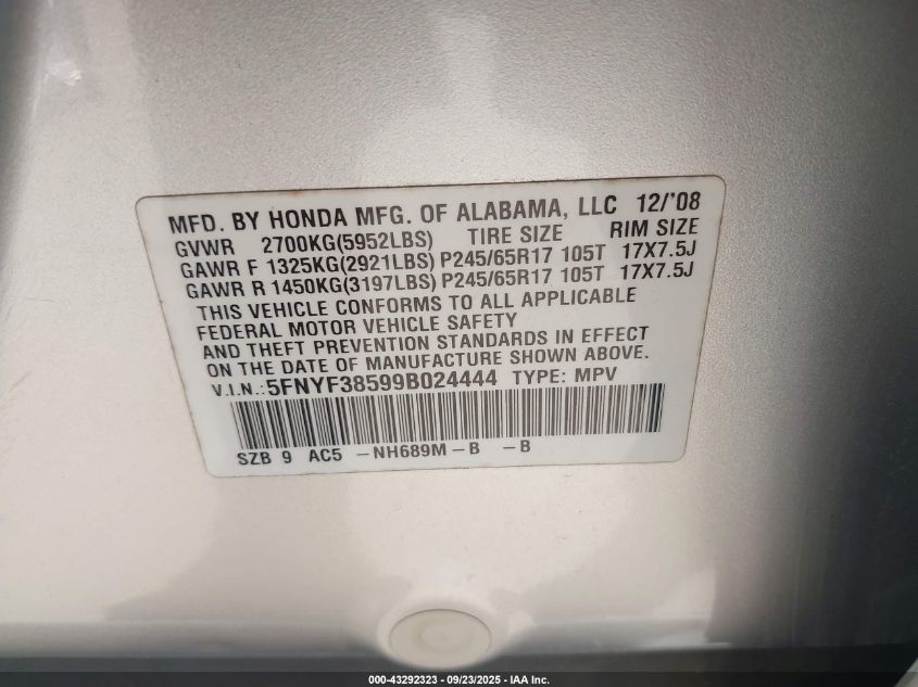 2009 Honda Pilot Ex-L VIN: 5FNYF38599B024444 Lot: 43292323