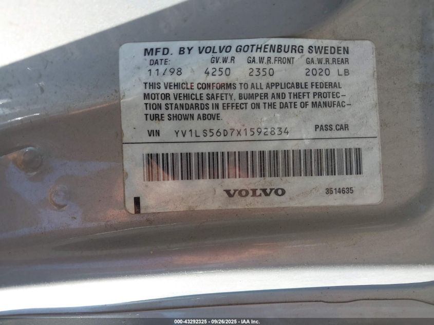 1999 Volvo S70 Glt VIN: YV1LS56D7X1592834 Lot: 43292325