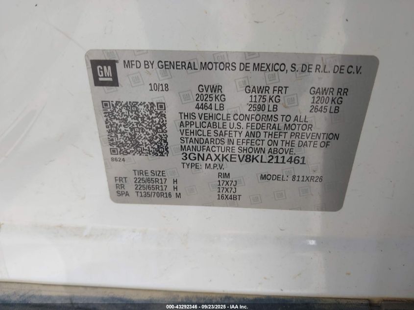 2019 Chevrolet Equinox Lt VIN: 3GNAXKEV8KL211461 Lot: 43292346