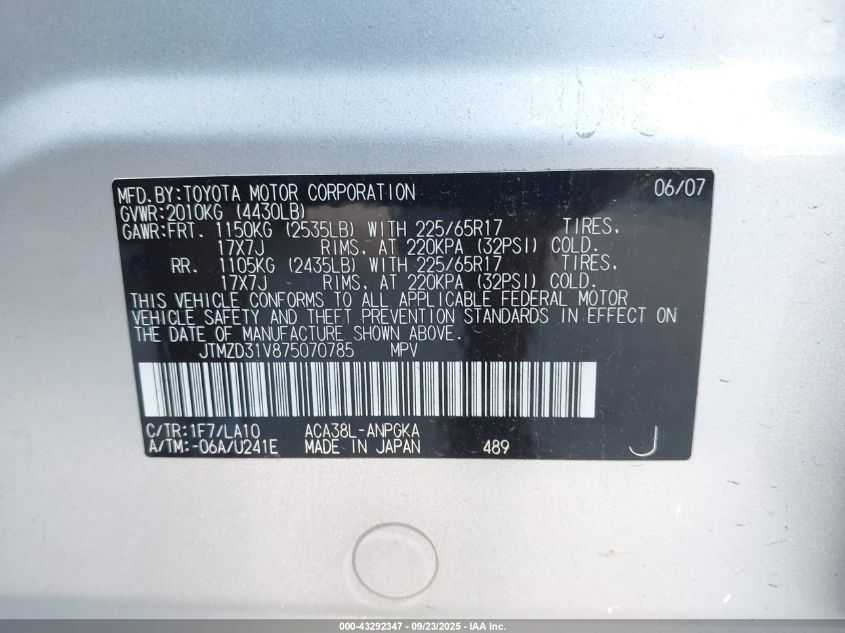 2007 Toyota Rav4 Limited VIN: JTMZD31V875070785 Lot: 43292347