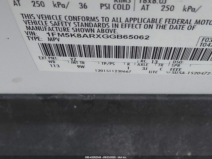 2016 Ford Police Interceptor VIN: 1FM5K8ARXGGB65062 Lot: 43292349