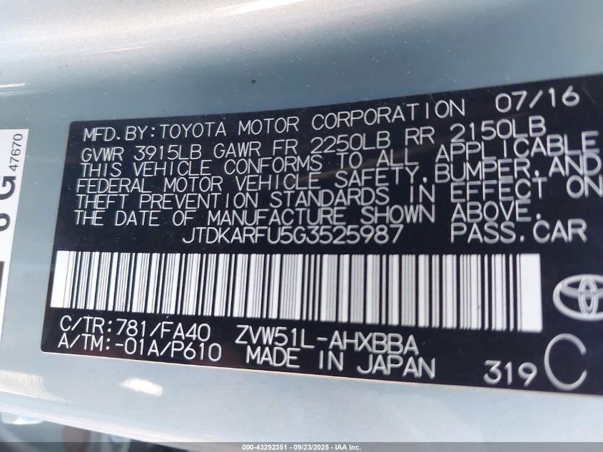 2016 Toyota Prius Two Eco VIN: JTDKARFU5G3525987 Lot: 43292351