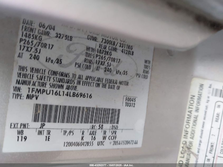 2004 Ford Expedition Nbx/Xlt VIN: 1FMPU16L14LB69616 Lot: 43292377