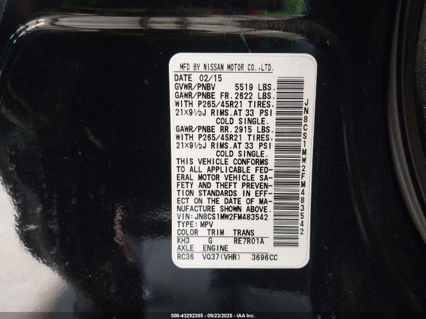 2015 Infiniti Qx70 VIN: JN8CS1MW2FM483542 Lot: 43292385