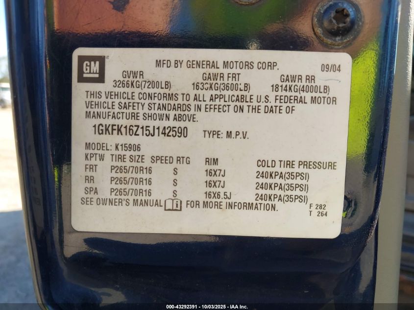 2005 GMC Yukon Xl 1500 Sle VIN: 1GKFK16Z15J142590 Lot: 43292391