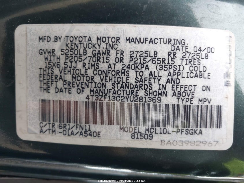 2000 Toyota Sienna Le VIN: 4T3ZF13C2YU281369 Lot: 43292393