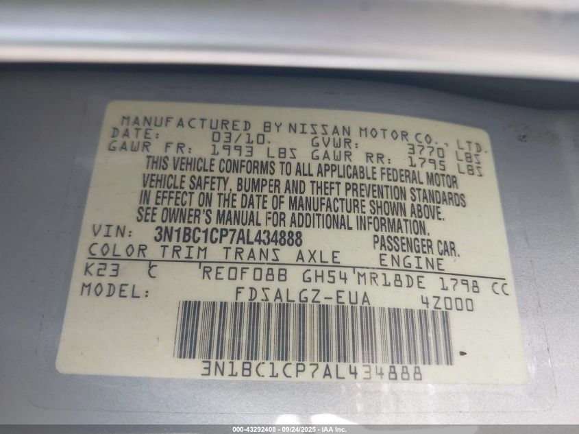 2010 Nissan Versa 1.8Sl VIN: 3N1BC1CP7AL434888 Lot: 43292408