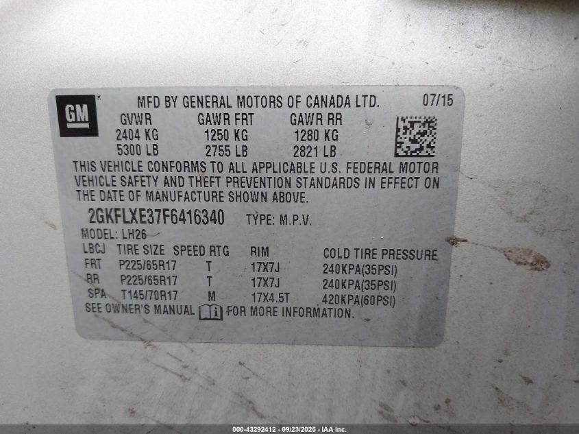 2015 GMC Terrain Slt-1 VIN: 2GKFLXE37F6416340 Lot: 43292412