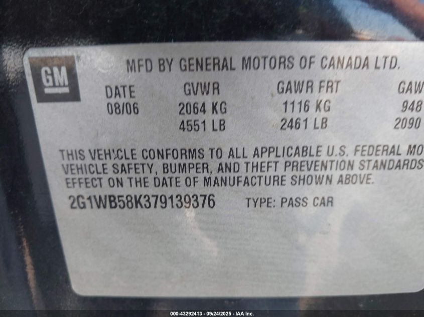 2007 Chevrolet Impala Ls VIN: 2G1WB58K379139376 Lot: 43292413