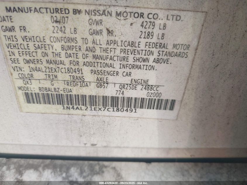 2007 Nissan Altima 2.5 S VIN: 1N4AL21EX7C180491 Lot: 43292420