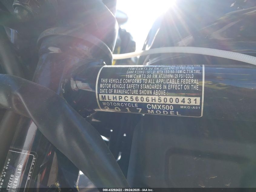 2017 Honda Cmx500 VIN: MLHPC5606H5000431 Lot: 43292422