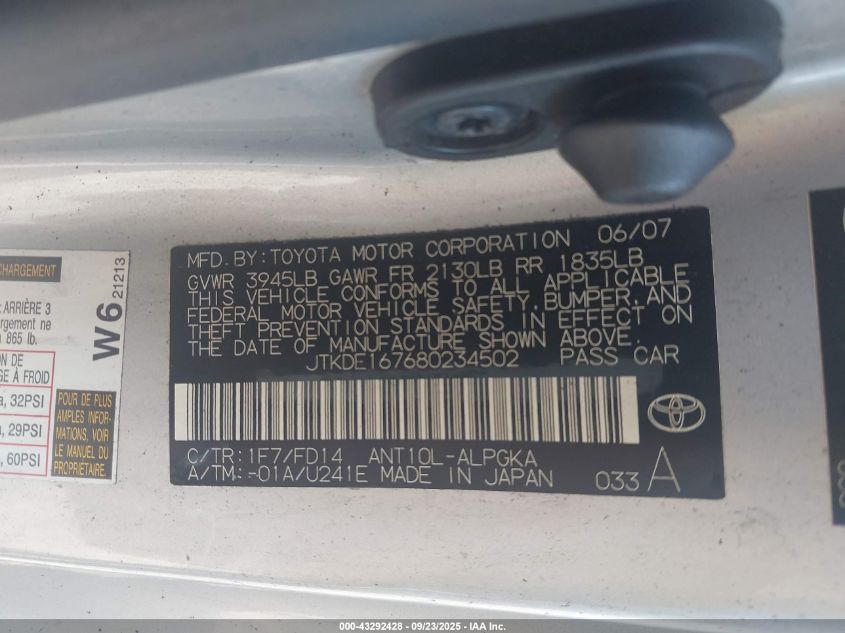 2008 Scion Tc VIN: JTKDE167680234502 Lot: 43292428