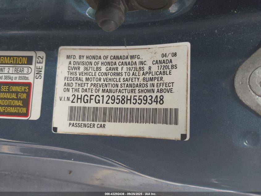 2008 Honda Civic Ex-L VIN: 2HGFG12958H559348 Lot: 43292436