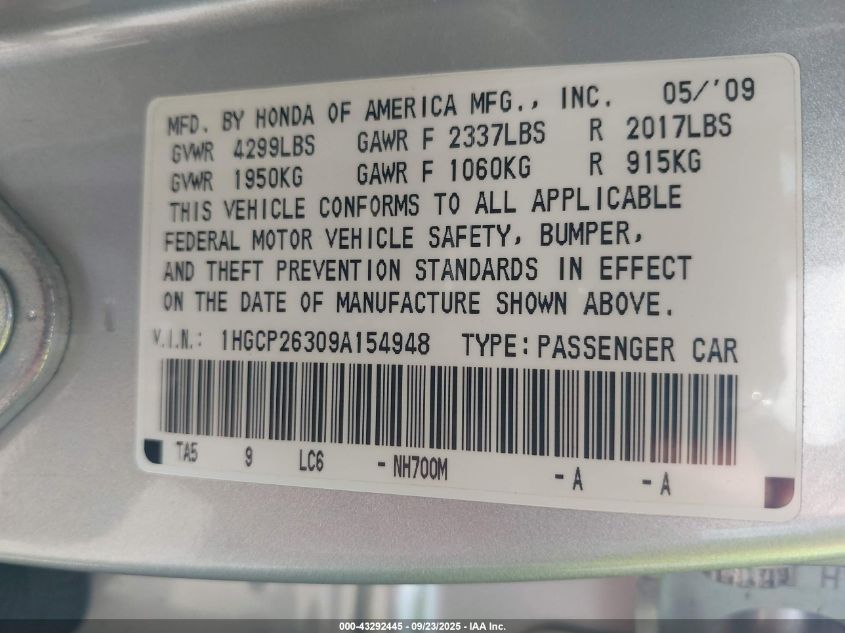 2009 Honda Accord 2.4 Lx VIN: 1HGCP26309A154948 Lot: 43292445