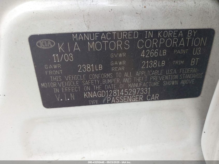 2004 Kia Optima VIN: KNAGD128145297331 Lot: 43292448