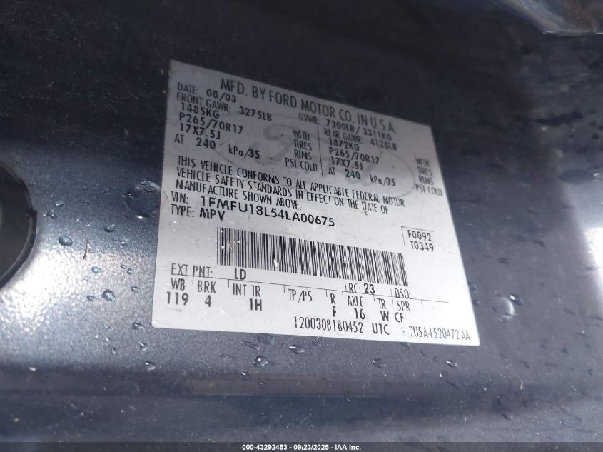 2004 Ford Expedition Eddie Bauer VIN: 1FMFU18L54LA00675 Lot: 43292453