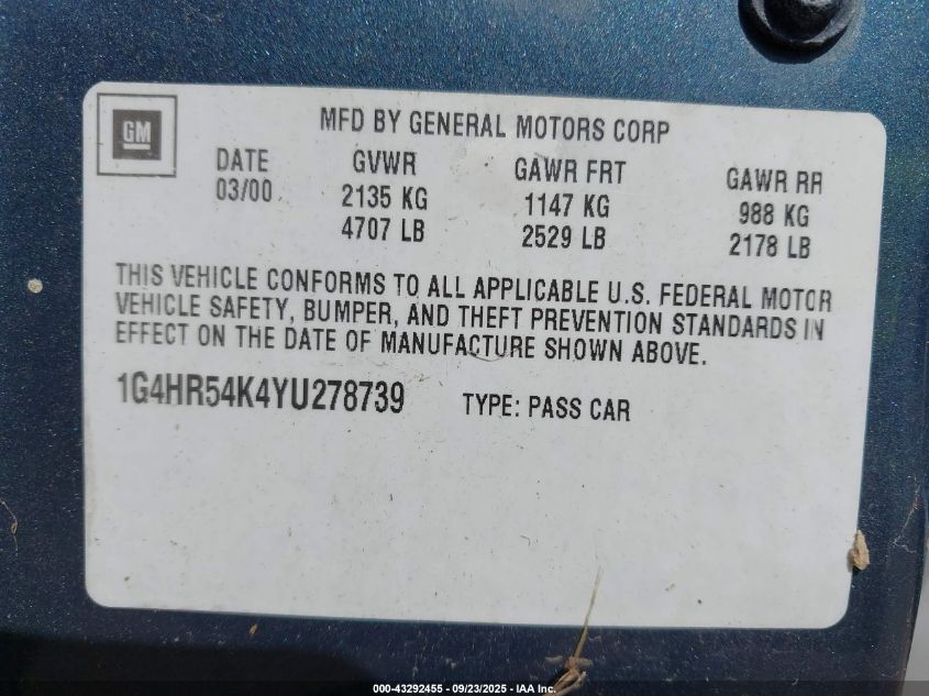 2000 Buick Lesabre Limited VIN: 1G4HR54K4YU278739 Lot: 43292455