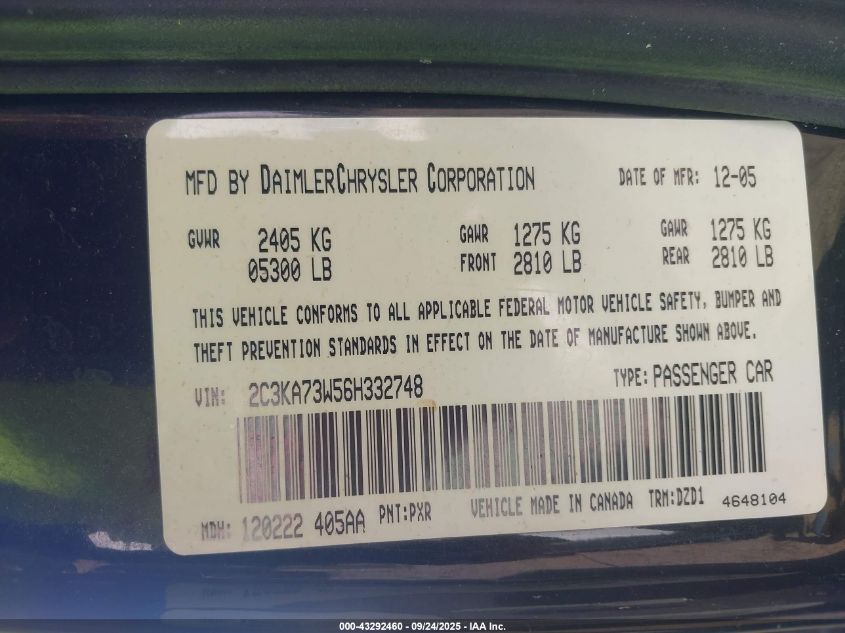 2006 Chrysler 300C Srt8 VIN: 2C3KA73W56H332748 Lot: 43292460
