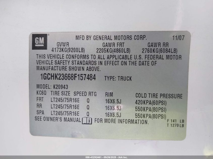 2008 Chevrolet Silverado 2500Hd Lt1 VIN: 1GCHK23668F157484 Lot: 43292461