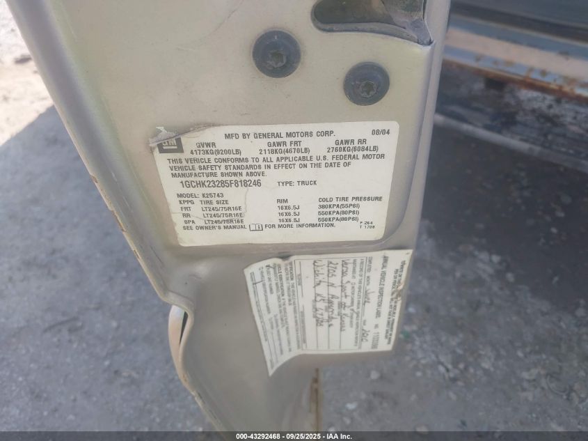 2005 Chevrolet Silverado 2500Hd Lt VIN: 1GCHK23285F818246 Lot: 43292468