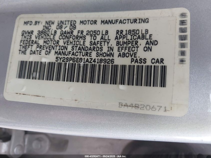 2010 Pontiac Vibe VIN: 5Y2SP6E81AZ418926 Lot: 43292471