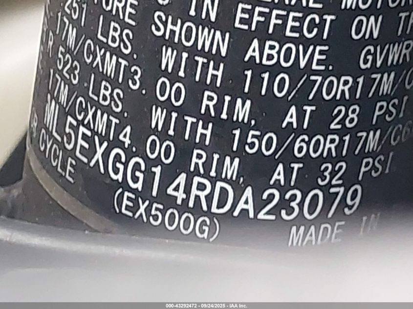 2024 Kawasaki Ex500 VIN: ML5EXGG14RDA23079 Lot: 43292472