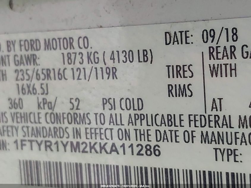 2019 Ford Transit-250 VIN: 1FTYR1YM2KKA11286 Lot: 43292475