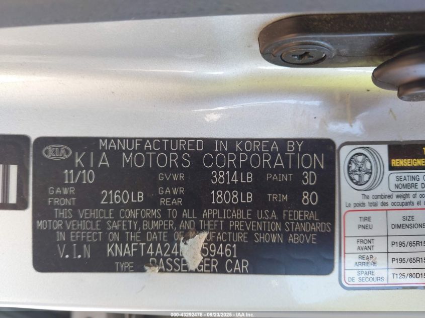 2011 Kia Forte Lx VIN: KNAFT4A24B5359461 Lot: 43292478