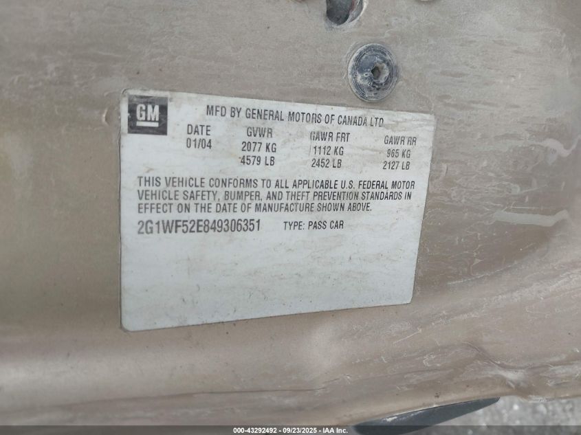 2004 Chevrolet Impala VIN: 2G1WF52E849306351 Lot: 43292492