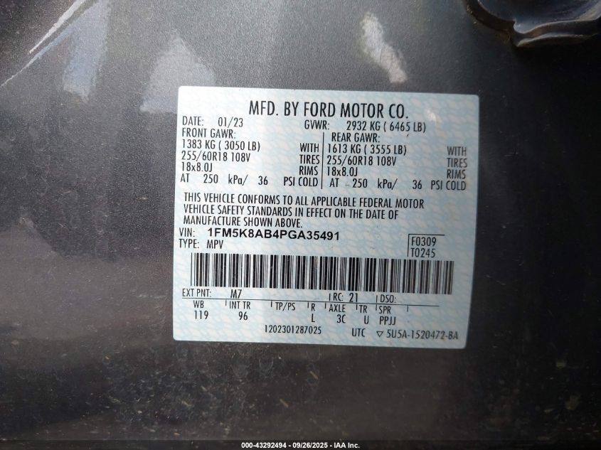 2023 Ford Police Interceptor VIN: 1FM5K8AB4PGA35491 Lot: 43292494