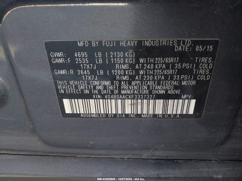2015 Subaru Outback 2.5I VIN: 4S4BSAACXF3337327 Lot: 43292505