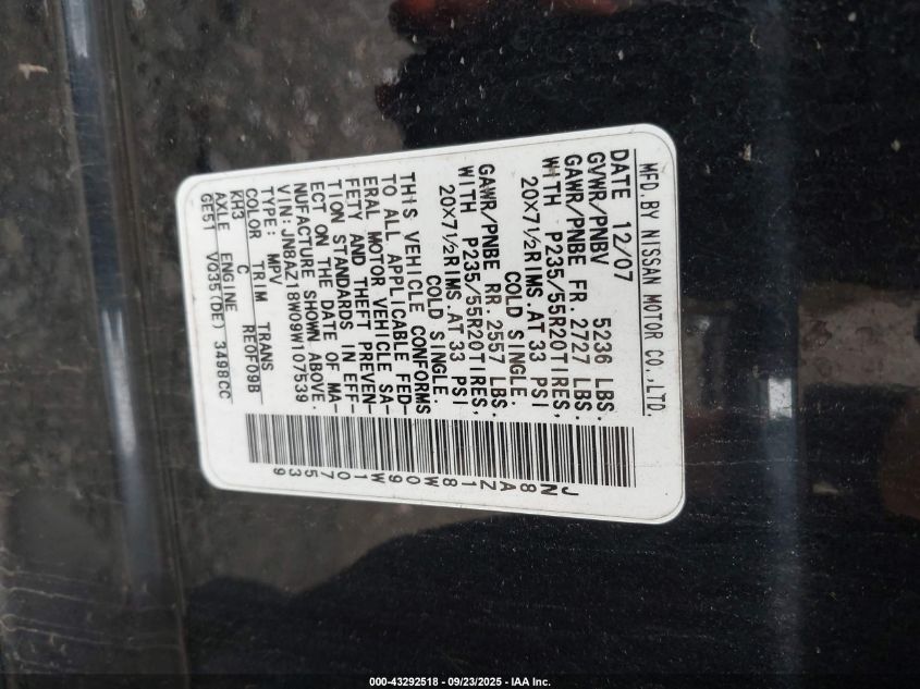 2009 Nissan Murano Le VIN: JN8AZ18W09W107539 Lot: 43292518