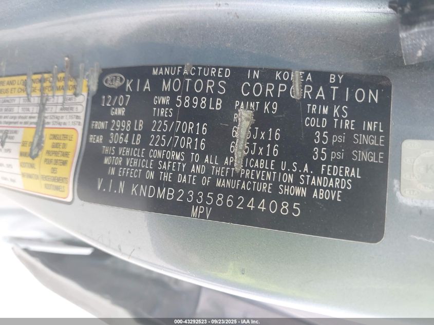 2008 Kia Sedona Lx VIN: KNDMB233586244085 Lot: 43292523