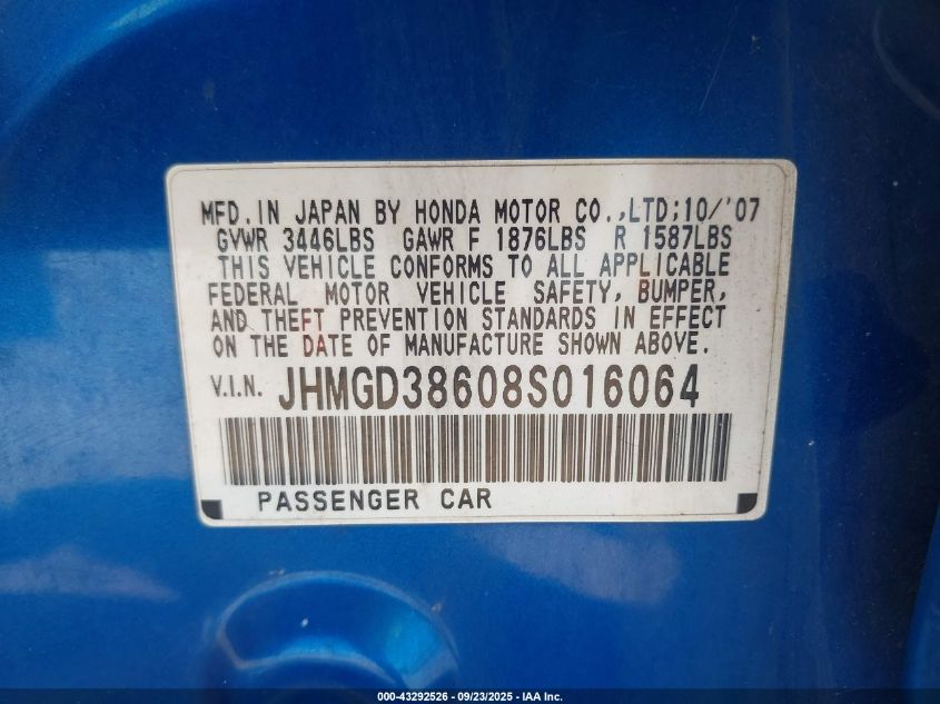 2008 Honda Fit Sport VIN: JHMGD38608S016064 Lot: 43292526