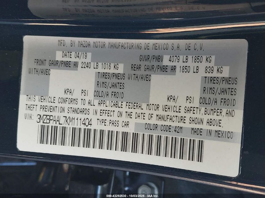 2019 Mazda Mazda3 Select Package VIN: 3MZBPAAL7KM111404 Lot: 43292530