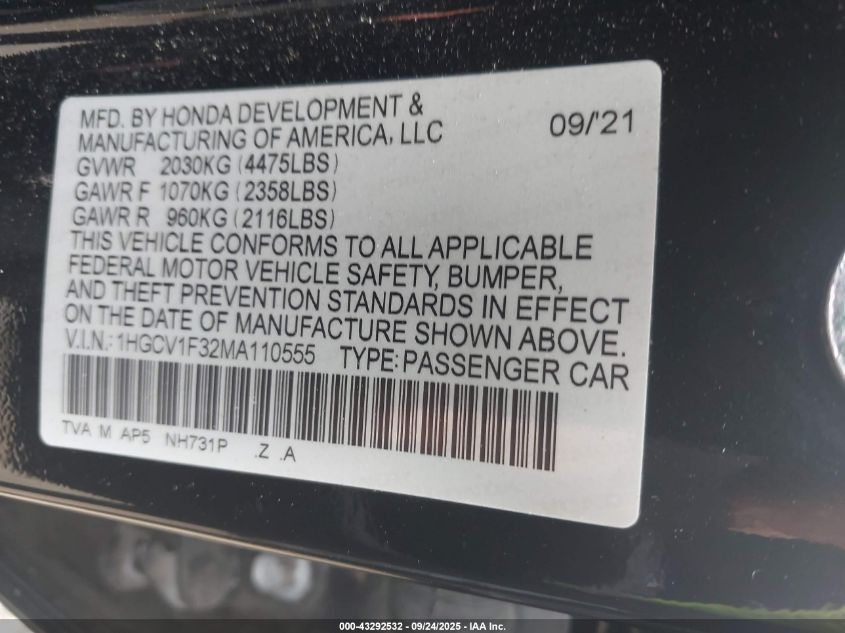 2021 Honda Accord Sport VIN: 1HGCV1F32MA110555 Lot: 43292532