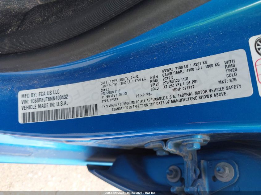 2022 RAM 1500 LARAMIE  4X4 5'7 BOX 1C6SRFJT6NN400432