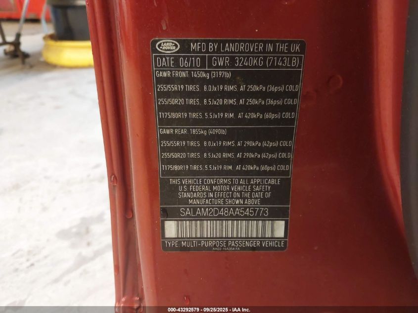 2010 Land Rover Lr4 VIN: SALAM2D48AA545773 Lot: 43292579