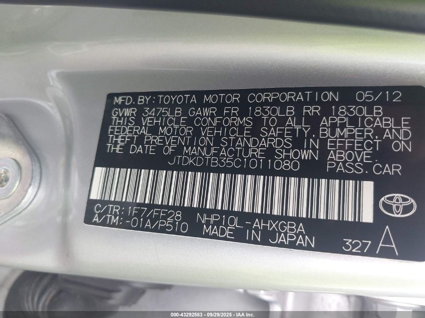 2012 Toyota Prius C Three VIN: JTDKDTB35C1011080 Lot: 43292583