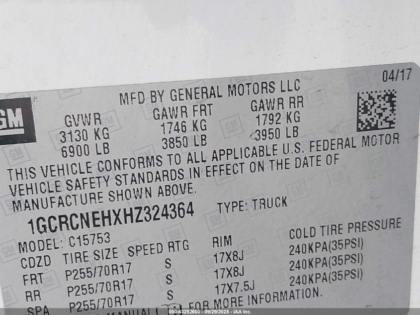 2017 Chevrolet Silverado 1500 Wt VIN: 1GCRCNEHXHZ324364 Lot: 43292600
