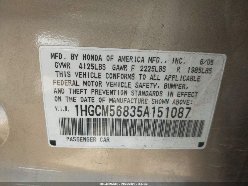 2005 Honda Accord 2.4 Ex VIN: 1HGCM56835A151087 Lot: 43292605