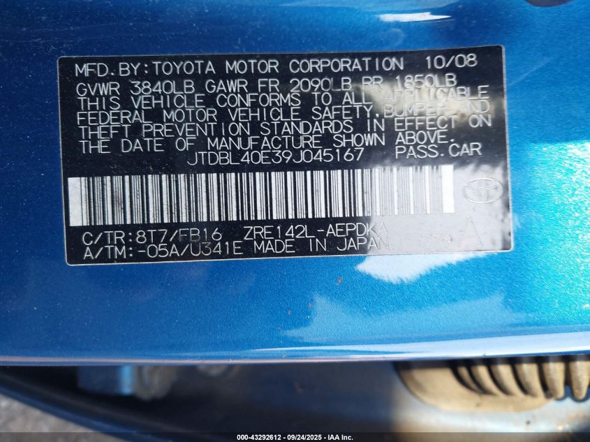 2009 Toyota Corolla Le VIN: JTDBL40E39J045167 Lot: 43292612